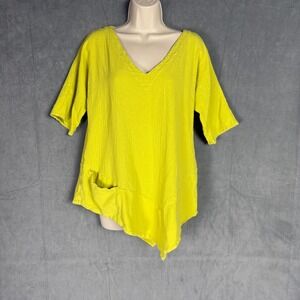 Oh My Gauze! Top 1/S/M Yellow Green Cotton Asymmetrical Lagenlook Boho Beach